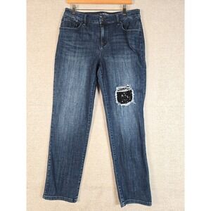 Chico's Platinum Boyfriend Jeans Womens 32x29 Dark Wash Sequin‎ Patch Distressed